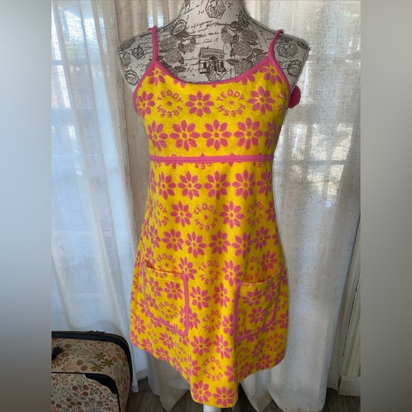 Teddy Fresh Dress Womens Large Yellow Pink Boho Retro Floral Terry Cloth New - Picture 1 of 10